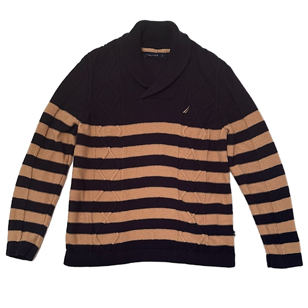 Nautica Mens V-Neck Striped Knit Sweater Size Large Fishermancore East Coast
